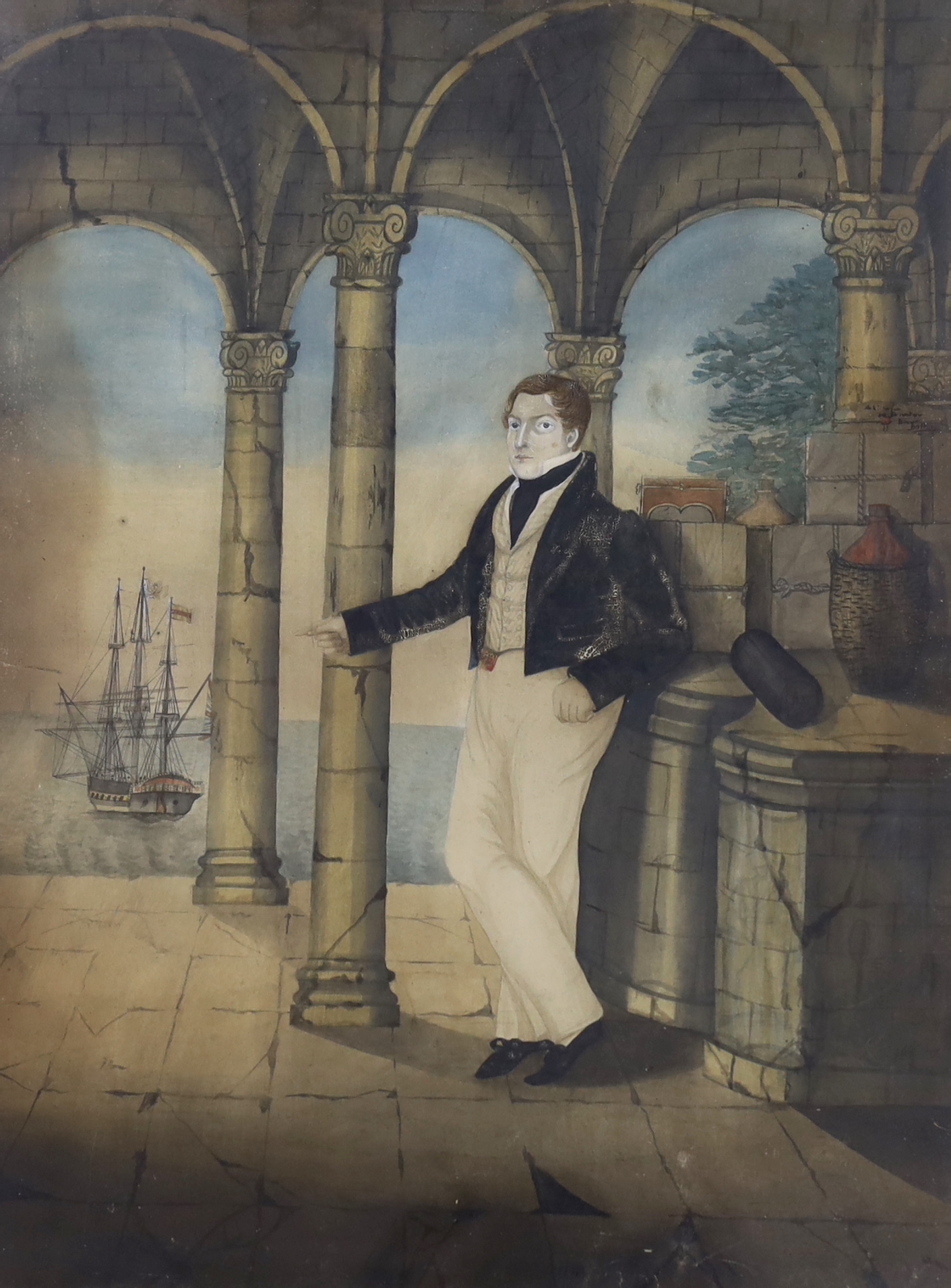 19th century naive school, watercolour, Portrait of a sailor before a rigged Naval ship, inscribed in ink verso, Wm Tompson, his likeness taken in his 19th year, 1826, 45cm x 34cm